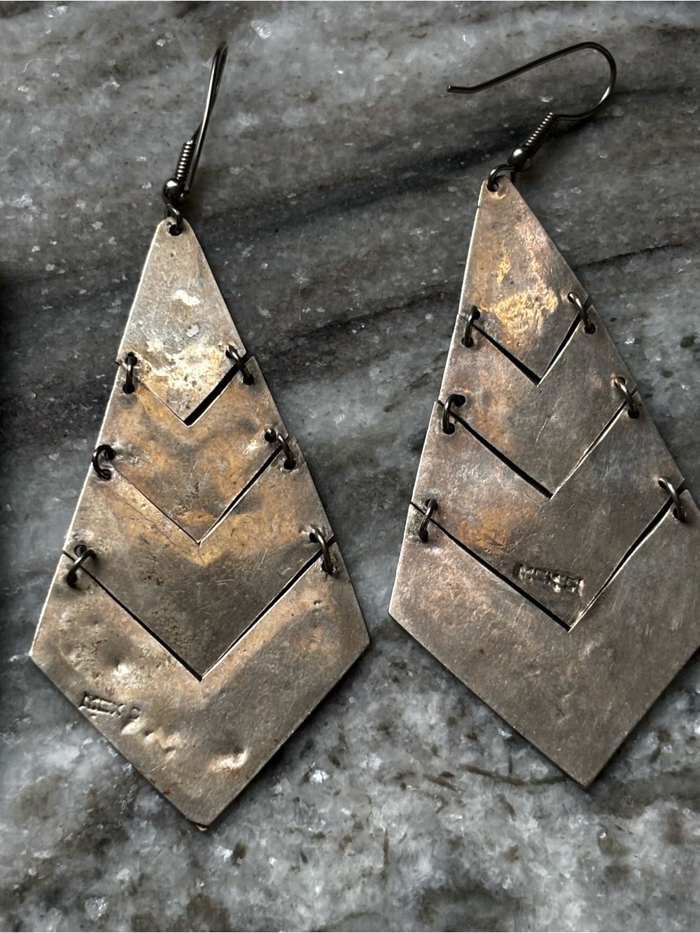 Vintage Mexican Silver Abalone Chevron Drop Earrings Modernist Geometric - Picture 4 of 4